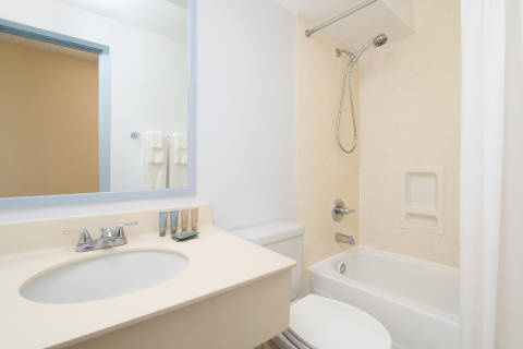 Bathroom with full soaking tub in Moderate room