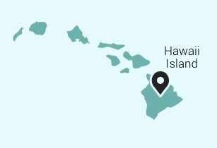 Map of islands with pin on Hawaii Island