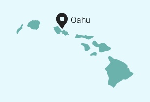 Map of islands with a pin on Oahu