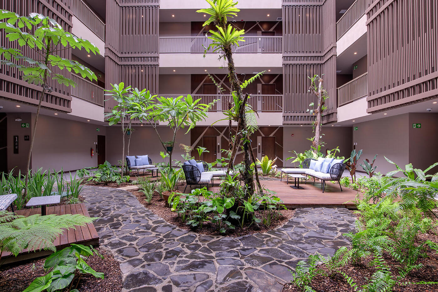 Interior courtyard with greenery and seating