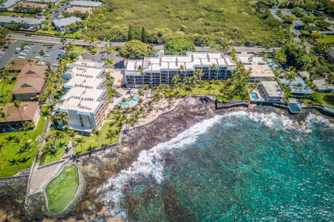 Drone view over the property from over the ocean looking to the shoreline