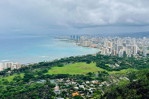Aerial view of Honolulu cityscape and ocean