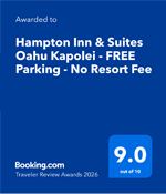 Booking.com Traveler Review Awards 2026 awarded to Hampton Inn & Suites Oahu-Kapolei - 9 out of 10.
