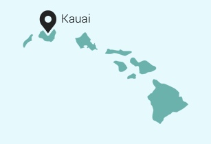 Map of islands with a pin on Kauai