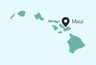 Map of islands with a pin on Maui