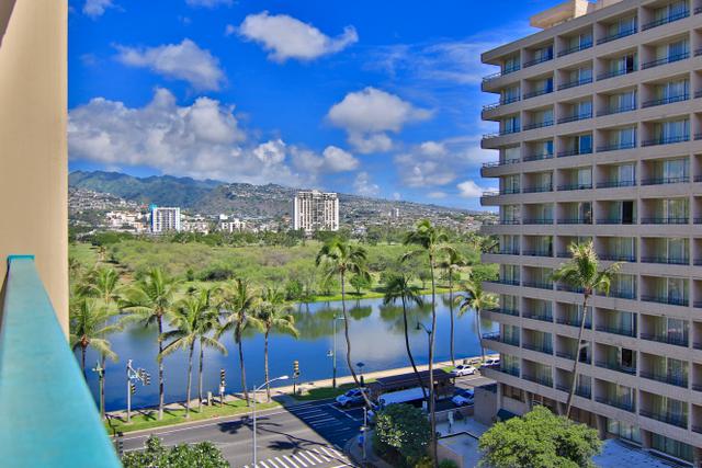 View of Ala Wai and mountains from room balcony