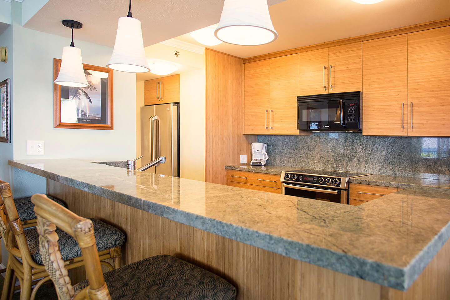 Kitchen with countertop seating.