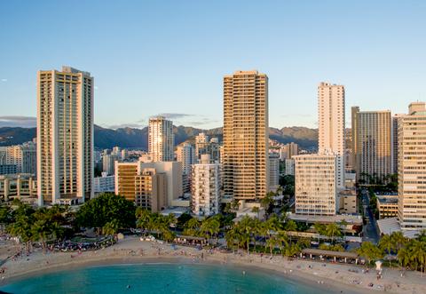 Aerial View of Waikiki and Aston Waikiki Beach Tower