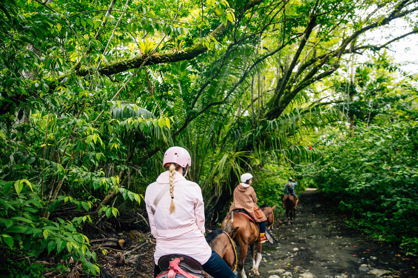 2 people riding horseback through forest
