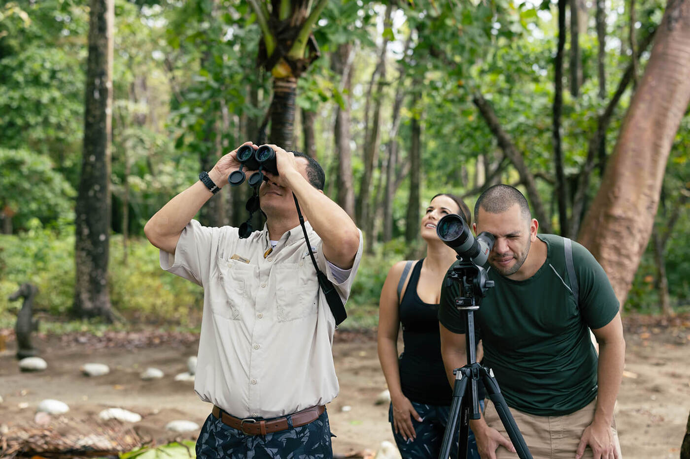 Group of people viewing through binoculars in forest