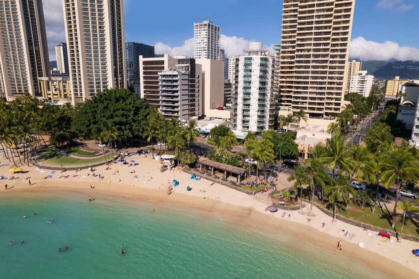 Overhead view of Waikiki beachfront and cityscape