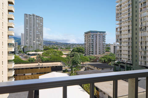 View from the balcony looking out from the 2-Bedroom 2-Bath Suite with Kitchen at Ewa Hotel Waikiki