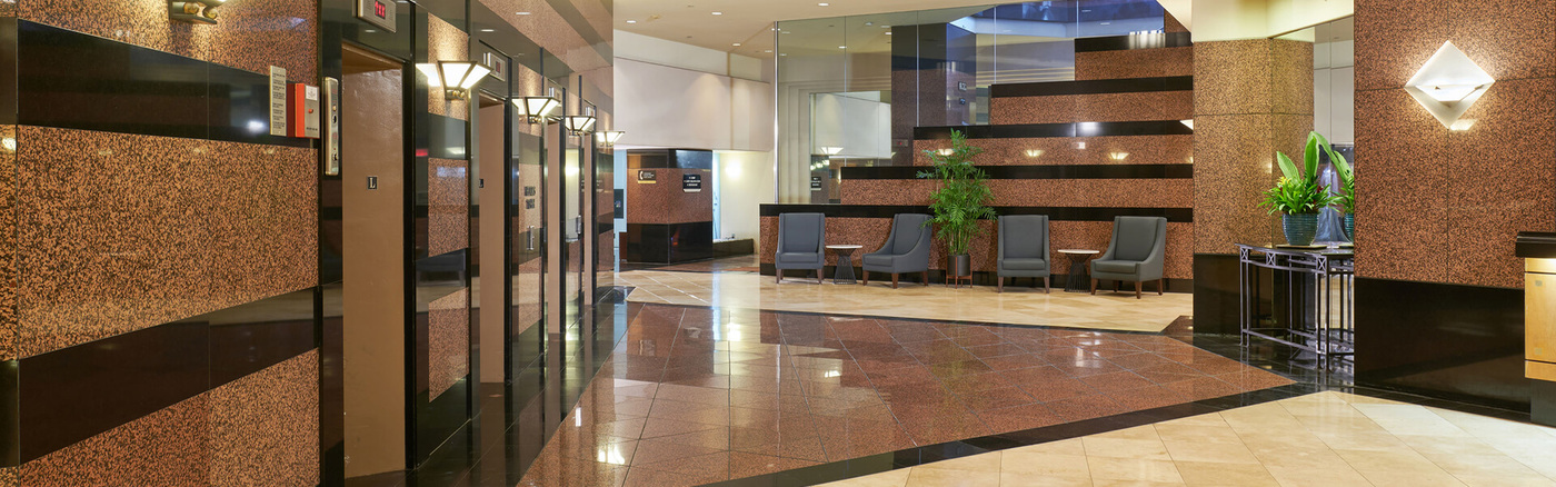 Lobby with elevators and seating