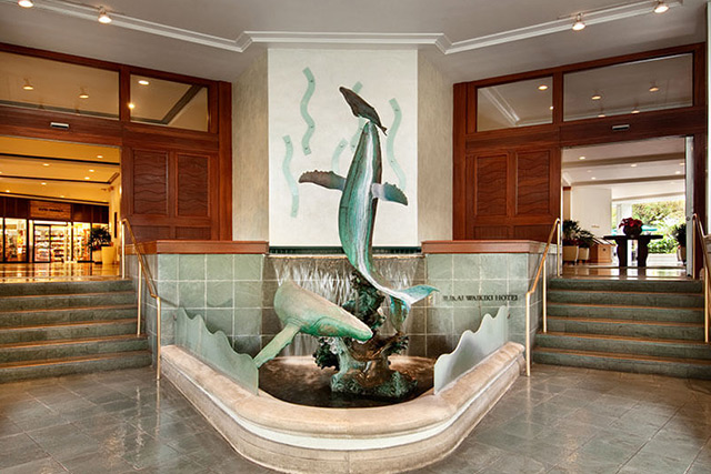 Hotel entrance with art sculptures