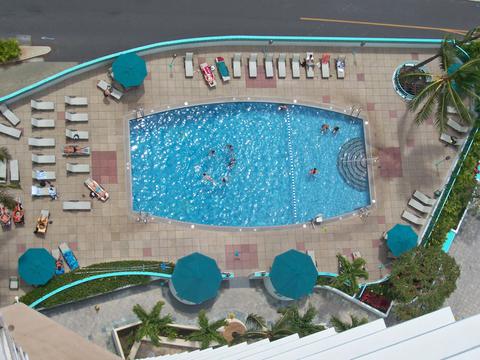 Overhead view of swimming pool and sun deck