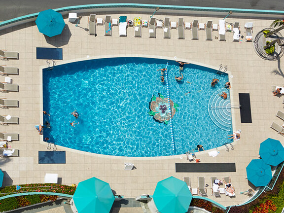 Overhead view of pool and sun deck
