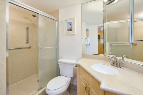 Bathroom with a full size shower large mirror and marble countertop in the mountain view jr suite at the Ilikai LIte 