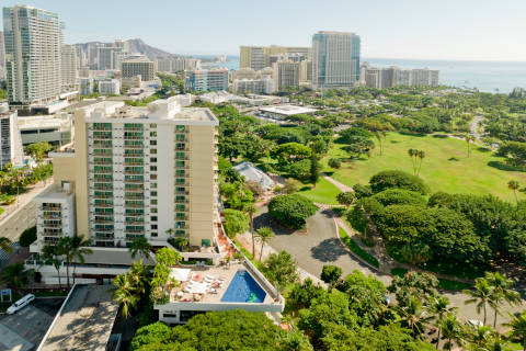 Aerial view of Luana Waikiki Hotel adjacent to Fort DeRussy Park near Waikiki Beach