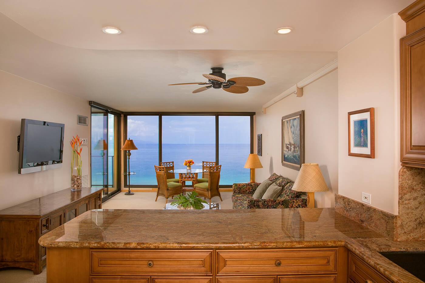 One-Bedroom Oceanfront Kitchen and Living Room