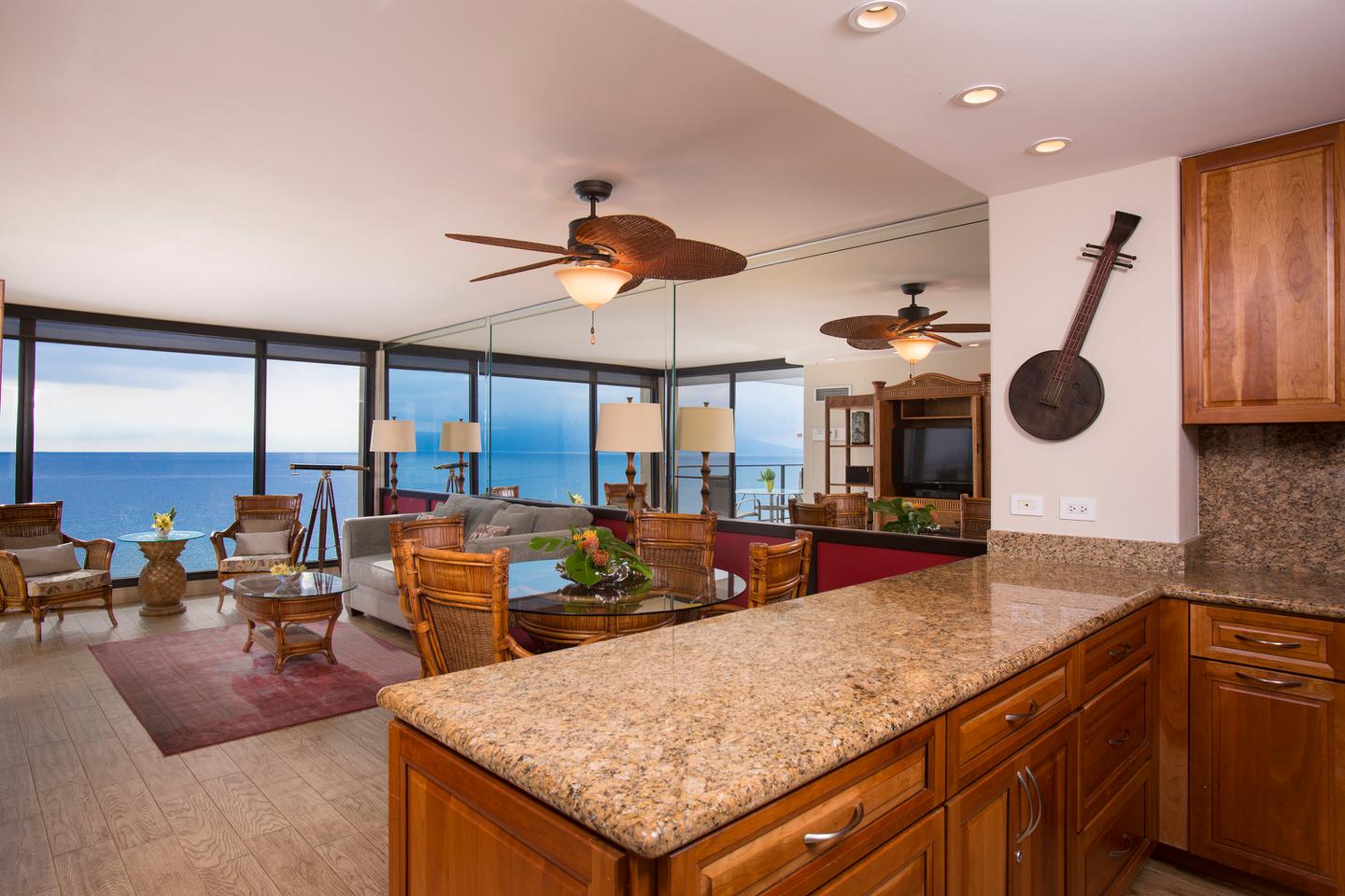 One-Bedroom Premium Oceanfront Kitchen and Living Room
