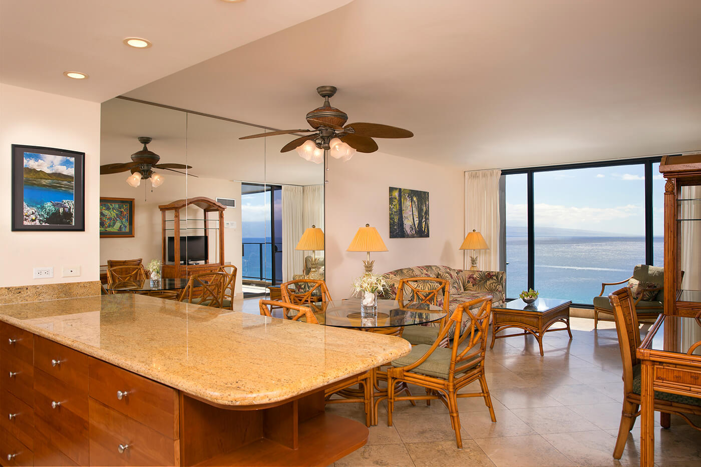 One-Bedroom Two-Bath Oceanfront Kitchen and Living Room