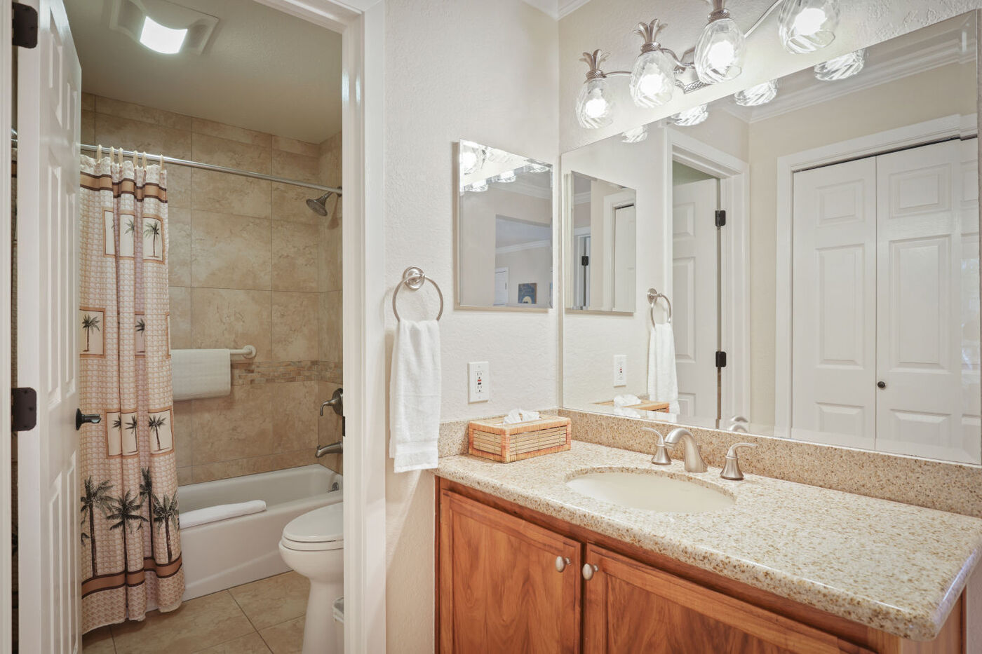 Bathroom with a large mirror and marble countertop a bathtub with shower combo