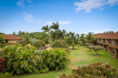 View of the lush tropical garden at the Maui Kaanapali Villas