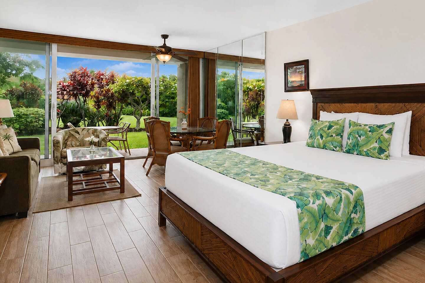 Bed with a view of the lawn and lanai 