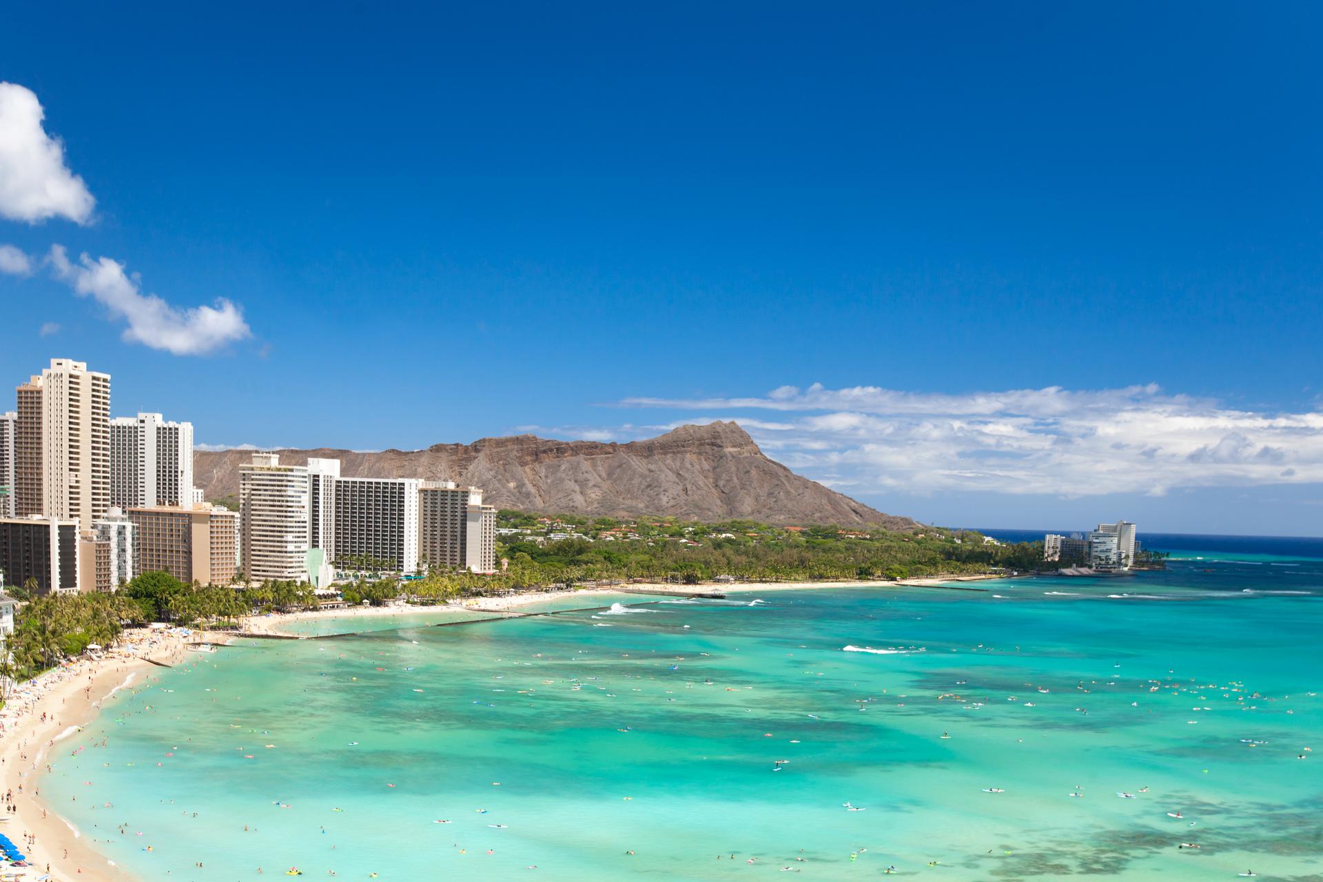 Waikiki beach and shoreline with Diamond Head in the background