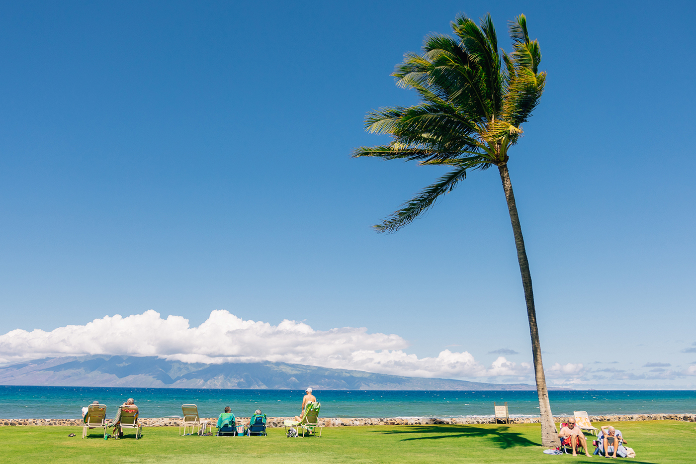 People relaxing on resort lawn with ocean and neighbor island views