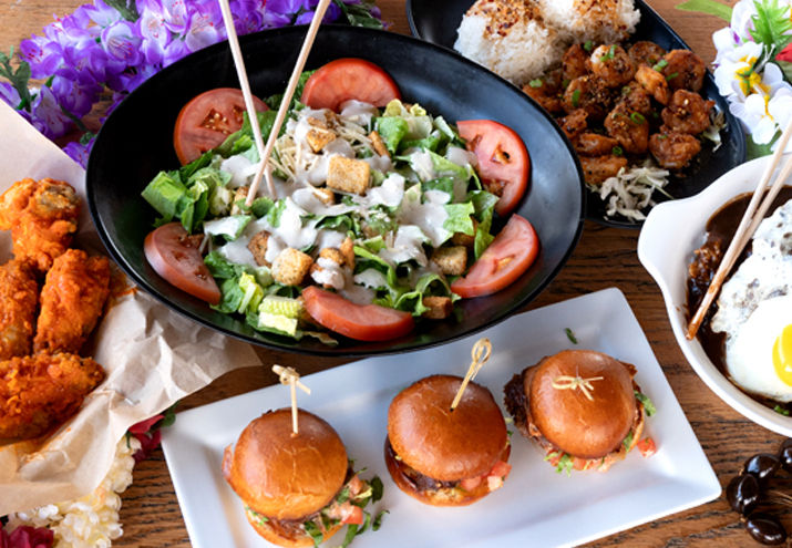 Fried Chicken, Salad with Tomatoes, Sliders, Chicken and Rice