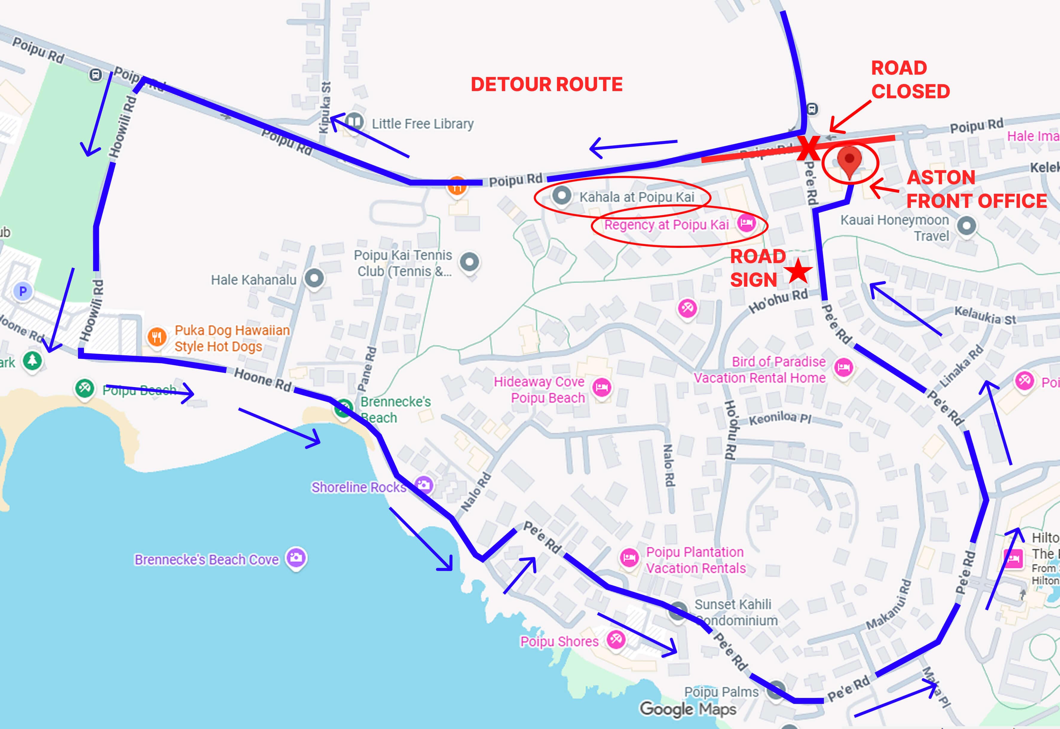 Map of the area around Poipu Kai illustrating the detour route directions provided on the page.