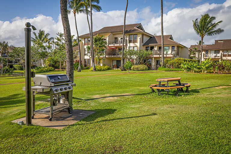 Barbecue and picnic table on resort lawns