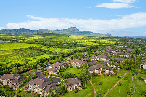 Overhead view of resort and mountains