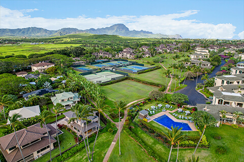 Overhead view of resort and mountains