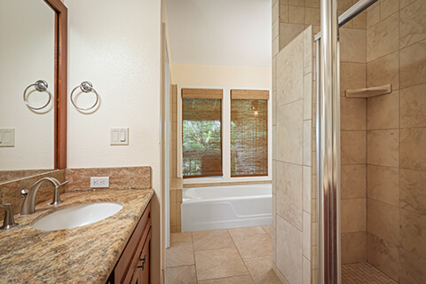 Bathroom with counter, sink, shower, tub