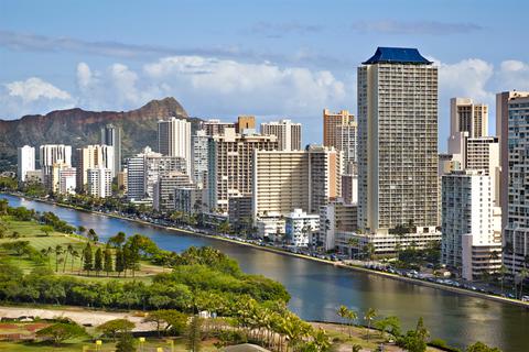 View of Ala Wai Canal, Diamond Head and Aqua Skyline at Island Colony