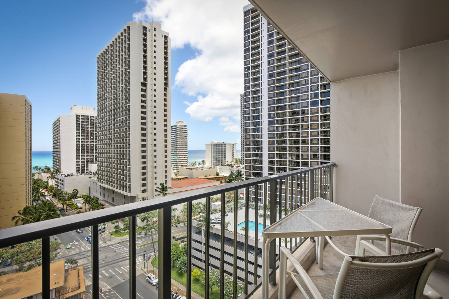 Aston Waikiki Sunset 1Bedroom Partial Ocean View Balcony with seating to enjoy the view