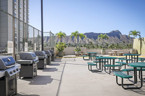 BBQ and deck area with Diamond Head in the background