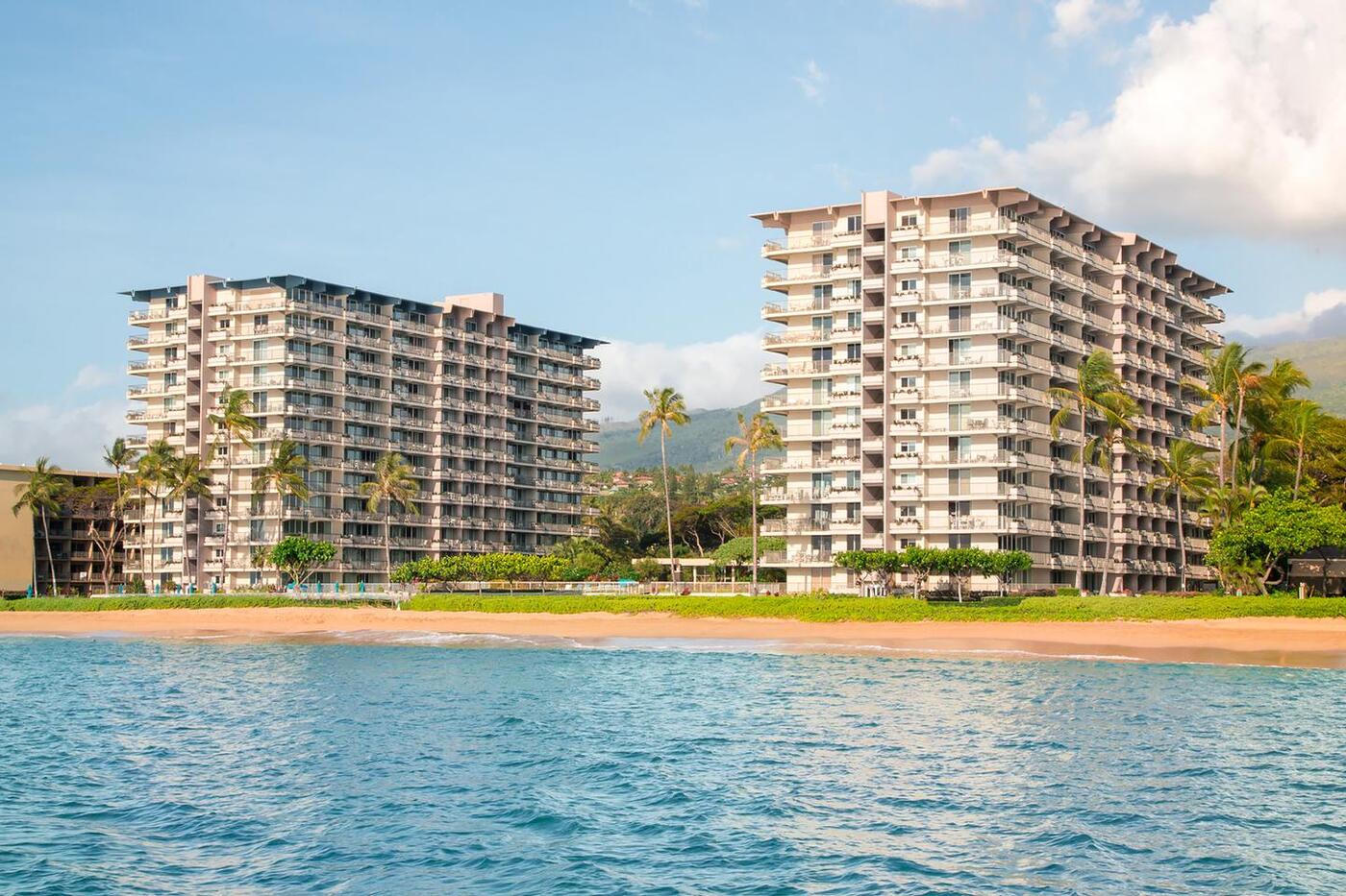 Resort exteriors on sandy beachfront