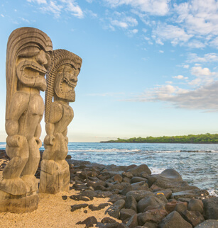 Native carvings overlooking bay